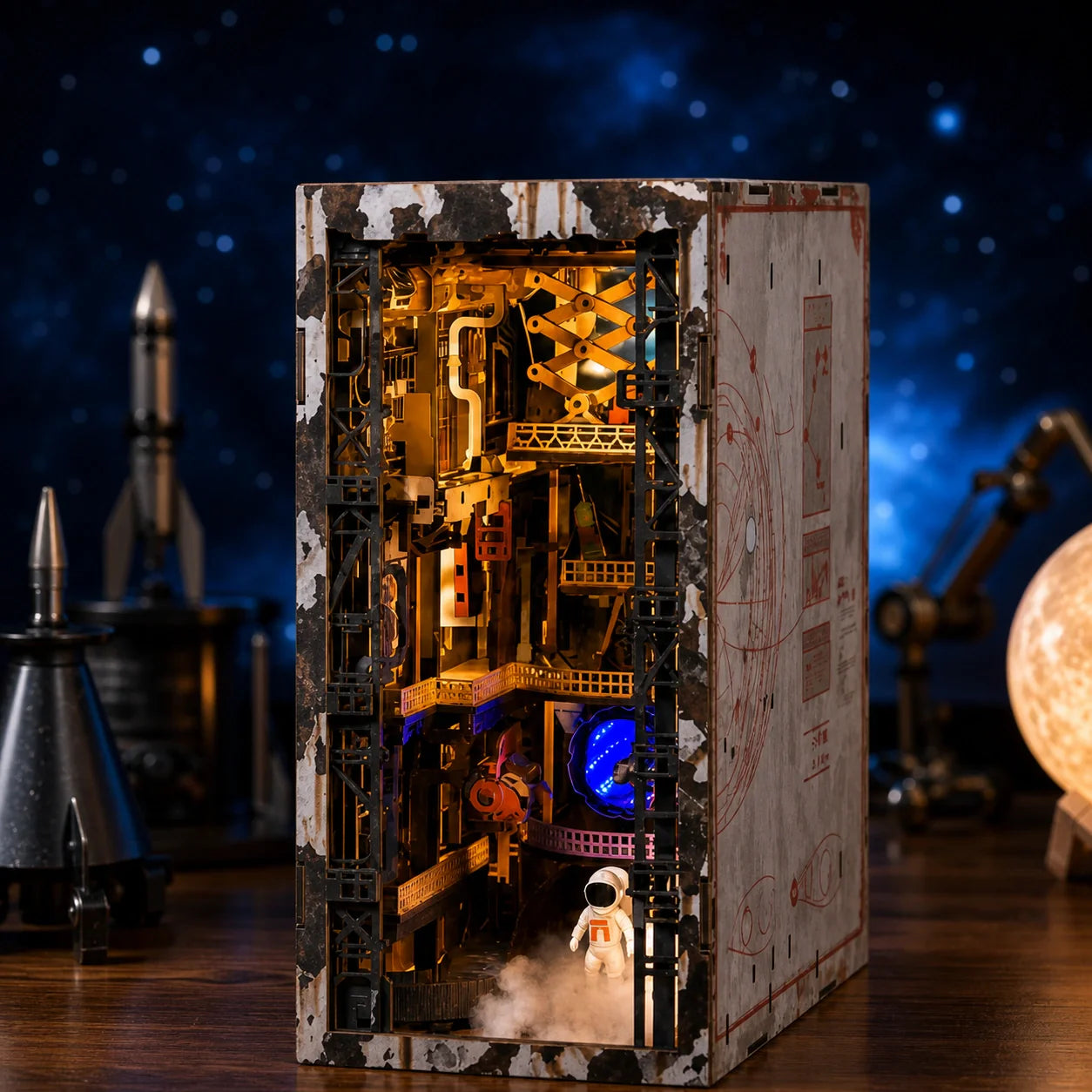 Aerospace Foundry book nook con escena espacial industrial iluminada