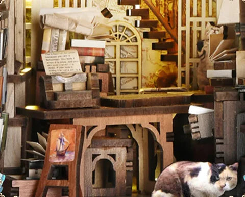 Rincón de libros con gato