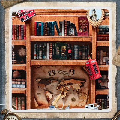 Biblioteca con mapa del mundo