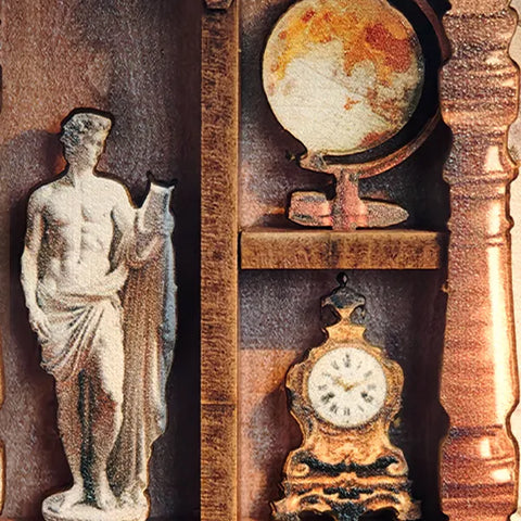 Estatua, globo y reloj
