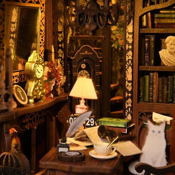 Escritorio con gato y relojes