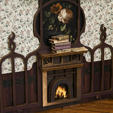 Chimenea bajo los libros