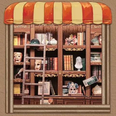 Estantería de máscaras y libros